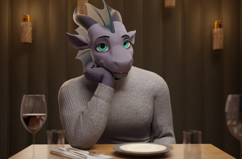 3d_(artwork) 5_fingers animated anthro beverage blue_eyes clothed clothing container cup cutlery date date_pov digital_media_(artwork) dinner dinner_date dinner_table drinking_glass edef elbow_on_table emerson_(edef) eyebrows fingers fork glass glass_container glass_cup heat_(vr_game) hi_res kitchen_utensils knife lizard looking_at_viewer male no_sound purple_body reptile restaurant romantic scales scalie smile solo solo_focus stare staring_into_eyes teeth tools yan_wiah