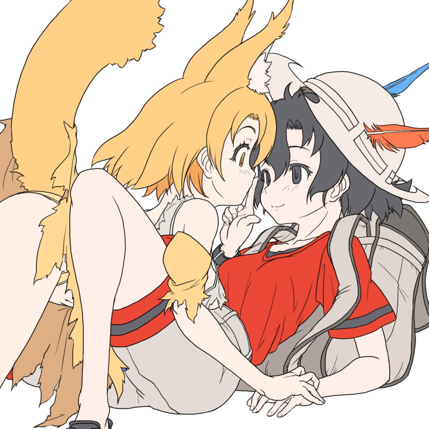 2girls animal_ears backpack bag bare_shoulders black_hair blonde_hair blush cat_ears cat_girl cat_tail extra_ears grey_shorts hair_between_eyes hat_feather helmet high-waist_skirt highres kaban_(kemono_friends) kemono_friends lying multiple_girls naka_(nicovideo14185763) on_back pith_helmet red_shirt serval_(kemono_friends) shirt short_hair short_sleeves shorts sidelocks skirt t-shirt tail torn_clothes white_shirt yellow_eyes yellow_skirt