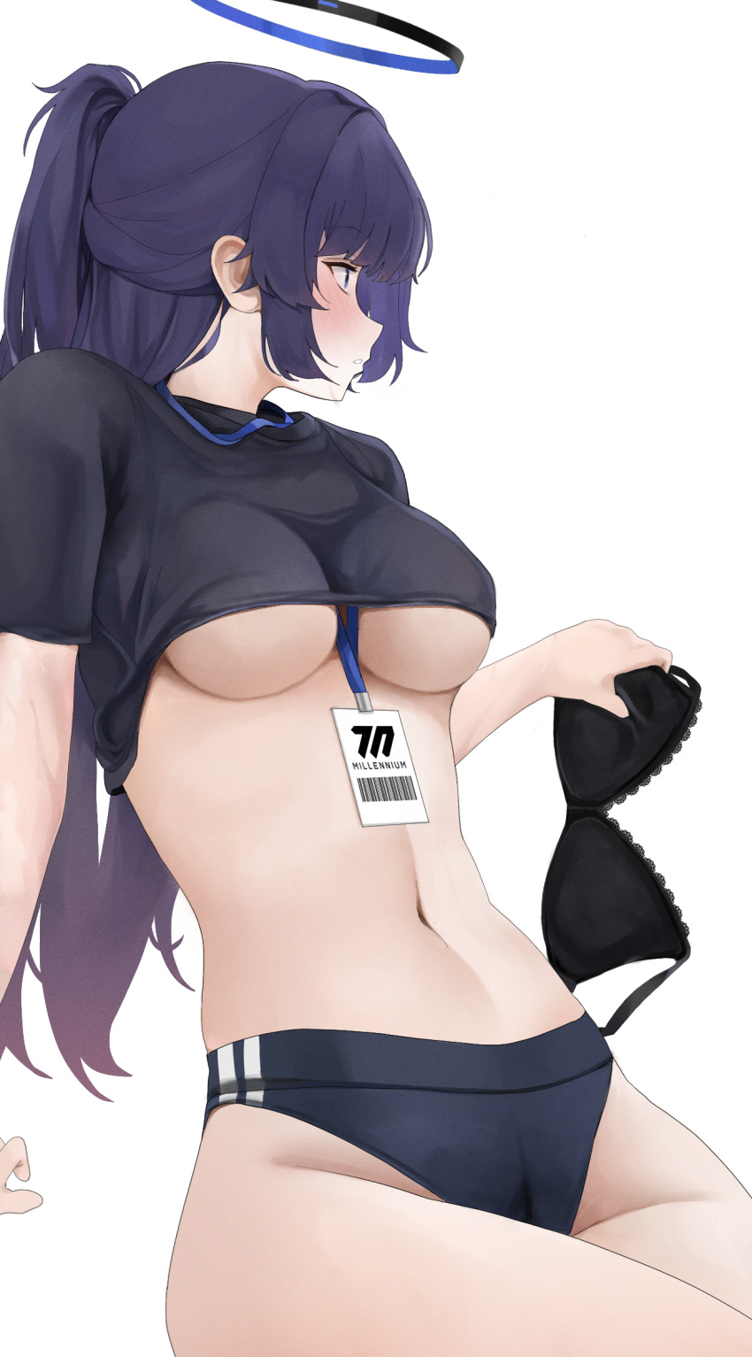 1girl barcode black_bra black_shirt blue_archive blue_buruma blush bra breasts buruma clothes_lift commentary fte_(fifteen_199) groin half_updo halo highres lanyard looking_to_the_side medium_breasts navel profile shirt shirt_lift short_shorts shorts simple_background solo stomach symbol-only_commentary underboob underwear unworn_bra white_background yuuka_(blue_archive) yuuka_(track)_(blue_archive)