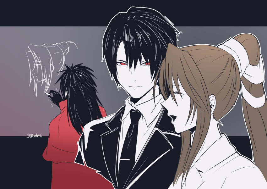 1boy 1girl black_border black_gloves black_hair black_jacket black_necktie black_suit border brown_hair chalk chalkboard cloak collared_shirt dirge_of_cerberus_final_fantasy_vii final_fantasy final_fantasy_vii final_fantasy_vii_rebirth final_fantasy_vii_remake gloves grey_background hair_between_eyes hair_ribbon highres holding holding_chalk igusaharu jacket lab_coat long_hair looking_at_another lucrecia_crescent necktie open_mouth ponytail red_cloak red_eyes ribbon shirt short_hair sidelocks smile suit suit_jacket twitter_username upper_body vincent_valentine white_shirt