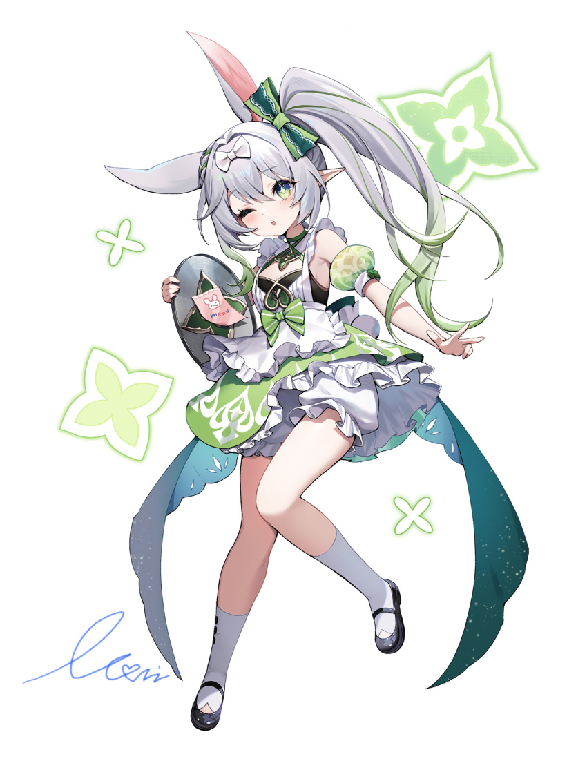 1girl ;o animal_ears apron bare_shoulders black_footwear bloomers bow breasts detached_collar detached_sleeves dress egg fake_animal_ears frilled_dress frills full_body genshin_impact gradient_hair green_dress green_eyes green_hair grey_hair hair_bow highres long_hair looking_at_viewer monini multicolored_hair nahida_(genshin_impact) one_eye_closed pointy_ears rabbit_ears shoes short_dress side_ponytail signature simple_background small_breasts socks solo symbol-shaped_pupils very_long_hair white_background white_bloomers white_bow white_socks