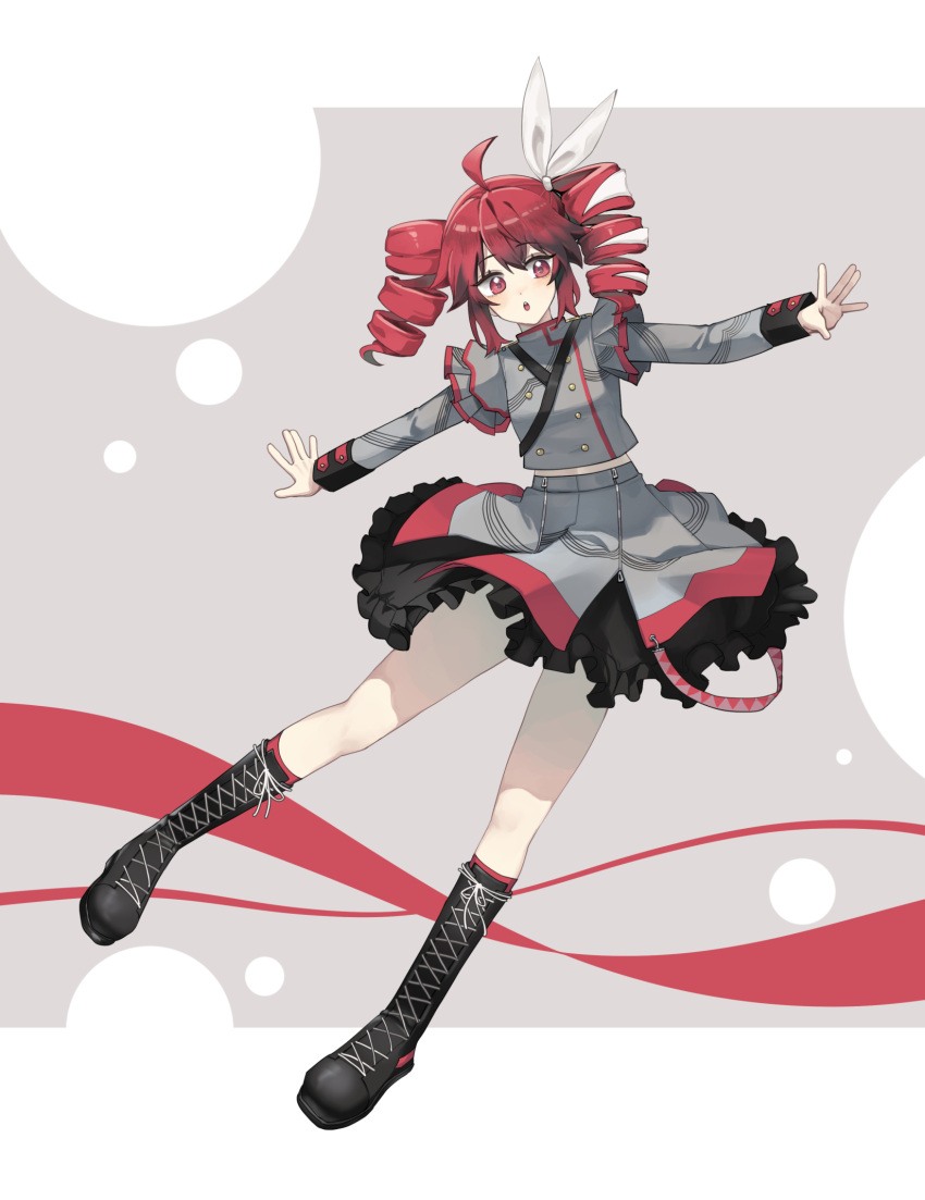 1girl blush boots bow cross-laced_footwear esy full_body hair_bow highres kasane_teto kasane_teto_(sv) lace-up_boots long_hair long_sleeves midriff open_mouth outstretched_arms red_eyes red_hair skirt solo synthesizer_v twintails utau