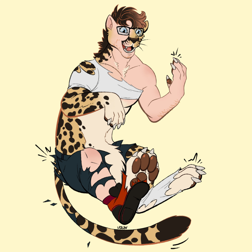 bursting_out_of_clothing bursting_through_clothing cheetah claws clothed clothing felid feline hi_res king_cheetah kofi_(kofithechee) mammal pawpads paws sharp_teeth solo species_transformation tail teeth transformation volentis