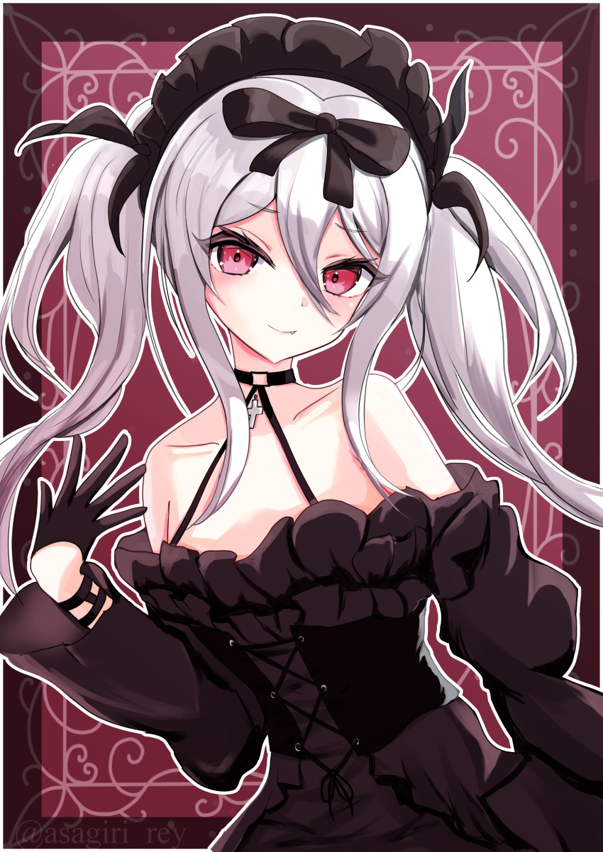 1girl absurdres asagiri_rey azur_lane bare_shoulders black_bow black_corset black_dress black_gloves border bow choker closed_mouth collarbone corset cross cross_choker dress fang frilled_dress frilled_headwear frills gloves gothic_lolita hair_between_eyes hair_bow hand_up highres lolita_fashion long_hair looking_at_viewer outside_border red_eyes solo twintails twitter_username vampire_(azur_lane) vampire_(meta)_(azur_lane) white_border white_hair
