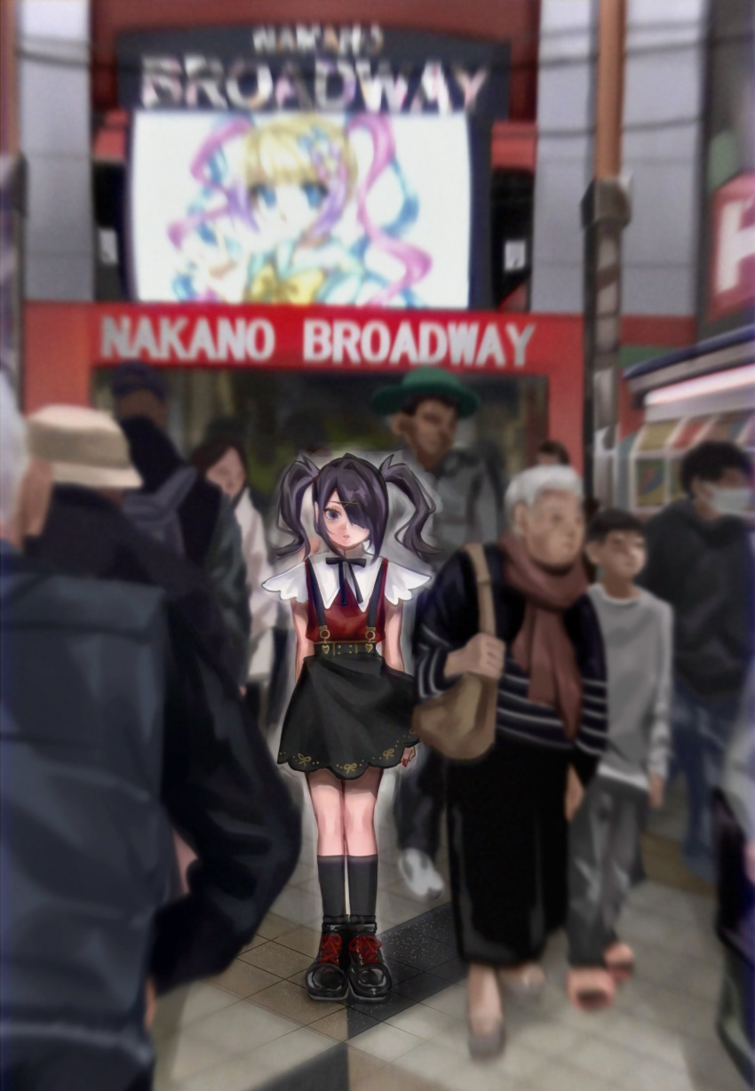 absurdres ame-chan_(needy_girl_overdose) black_hair black_skirt chouzetsusaikawa_tenshi-chan crowd dual_persona expressionless full_body hair_ornament hair_over_one_eye highres jirai_kei long_hair looking_at_viewer nakano_broadway needy_girl_overdose outdoors red_shirt shinsekai_(z_o10) shirt skirt solo_focus suspender_skirt suspenders twintails x_hair_ornament