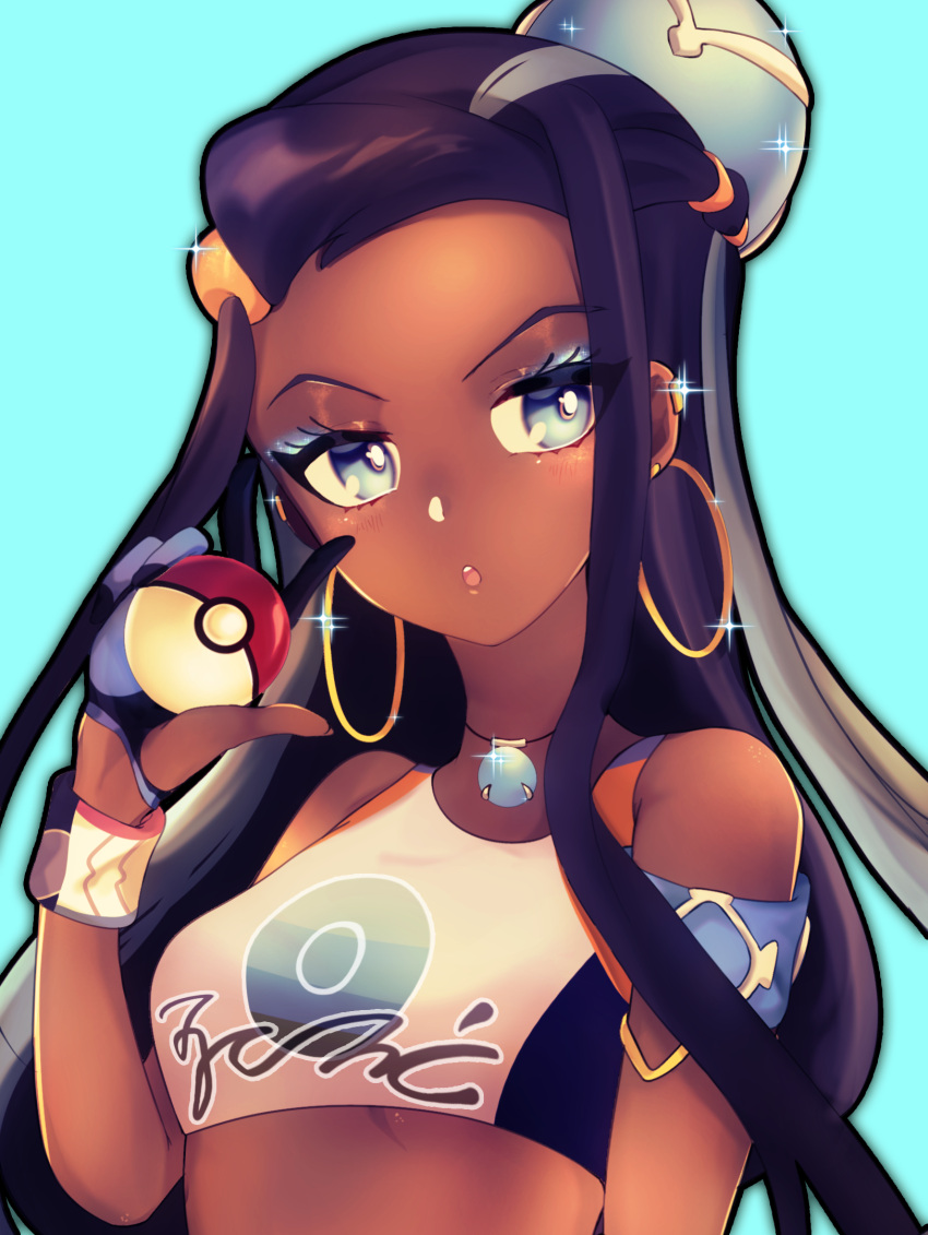 1girl armlet bare_arms bare_shoulders black_hair blue_eyes blue_eyeshadow blue_hair breasts crop_top dark-skinned_female dark_skin dynamax_band earrings eyeshadow gloves hair_bun highres holding holding_poke_ball hoop_earrings jewelry long_hair makeup medium_breasts midriff multicolored_hair necklace nessa_(pokemon) parted_hair poke_ball poke_ball_(basic) pokemon pokemon_swsh poursuu single_glove single_hair_bun streaked_hair teeth two-tone_hair upper_body upper_teeth_only