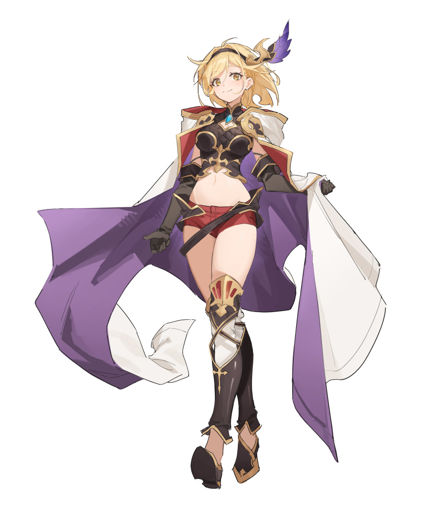 1girl absurdres armor blonde_hair breasts cloak clothing_cutout conqueror_of_the_eternals djeeta_(granblue_fantasy) full_body granblue_fantasy greaves hairband highres hood hooded_cloak ken_rqll midriff navel red_shorts shorts side-tie_legwear solo white_cloak