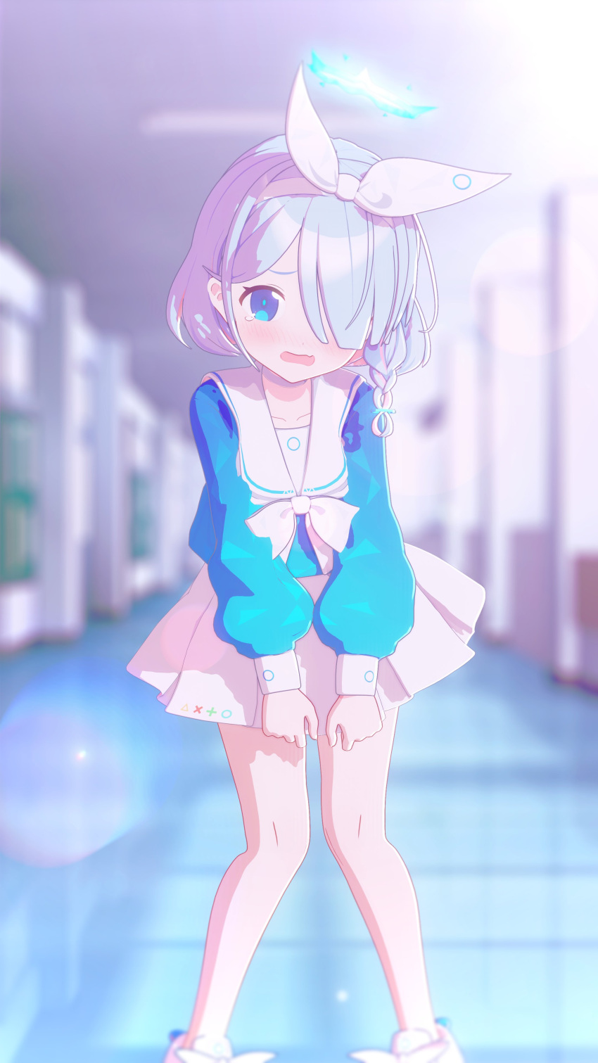 1girl 3d absurdres arona_(blue_archive) blue_archive blue_eyes blue_hair blue_halo blue_shirt blush bow braid embarrassed hair_bow hair_over_one_eye hallway halo highres indoors legs mikumikudance_(medium) miniskirt open_mouth pleated_skirt ribbon school_uniform serafuku shirt shoes short_hair siva_mmd skirt skirt_tug solo tears thighs white_footwear white_skirt