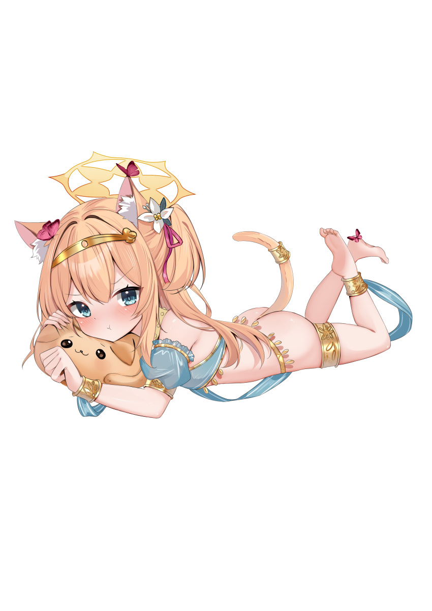 1girl :t absurdres animal animal_ear_fluff animal_ears ass barefoot blonde_hair blue_archive blue_eyes blush bottomless bug butterfly cat_ears cat_girl cat_tail closed_mouth commentary_request detached_sleeves flower full_body hair_between_eyes hair_flower hair_ornament hair_ribbon halo highres legs_up long_hair looking_at_viewer lying mari_(blue_archive) on_stomach one_side_up pink_ribbon pout puffy_short_sleeves puffy_sleeves ribbon rinringyo see-through see-through_sleeves short_sleeves simple_background solo tail v-shaped_eyebrows white_background white_flower