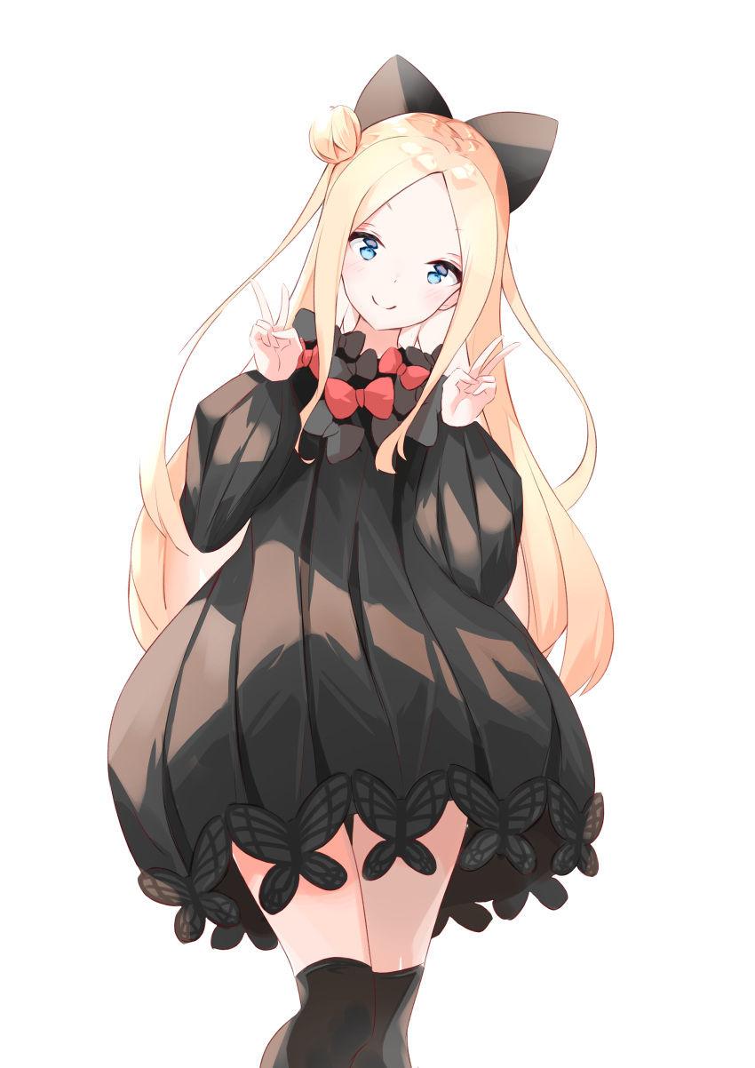 1girl abigail_williams_(fate) absurdres black_bow black_dress black_thighhighs blonde_hair blue_eyes blush bow bug butterfly closed_mouth commentary_request dress fate/grand_order fate_(series) feet_out_of_frame forehead hair_bun hands_up head_tilt highres long_hair long_sleeves looking_at_viewer orange_bow parted_bangs puffy_long_sleeves puffy_sleeves simple_background single_side_bun smile solo thighhighs very_long_hair white_background yukaa