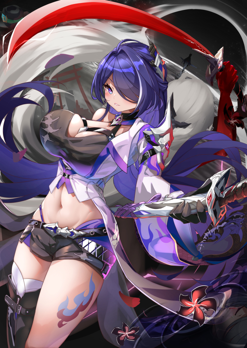 1girl acheron_(honkai:_star_rail) black_shorts breasts cleavage cowboy_shot crop_top hair_over_one_eye highres honkai:_star_rail honkai_(series) huge_breasts large_breasts long_hair looking_at_viewer midriff navel ntk_nartaku panty_straps parted_lips purple_eyes purple_hair short_shorts shorts single_thighhigh solo sword thighhighs thighs very_long_hair weapon
