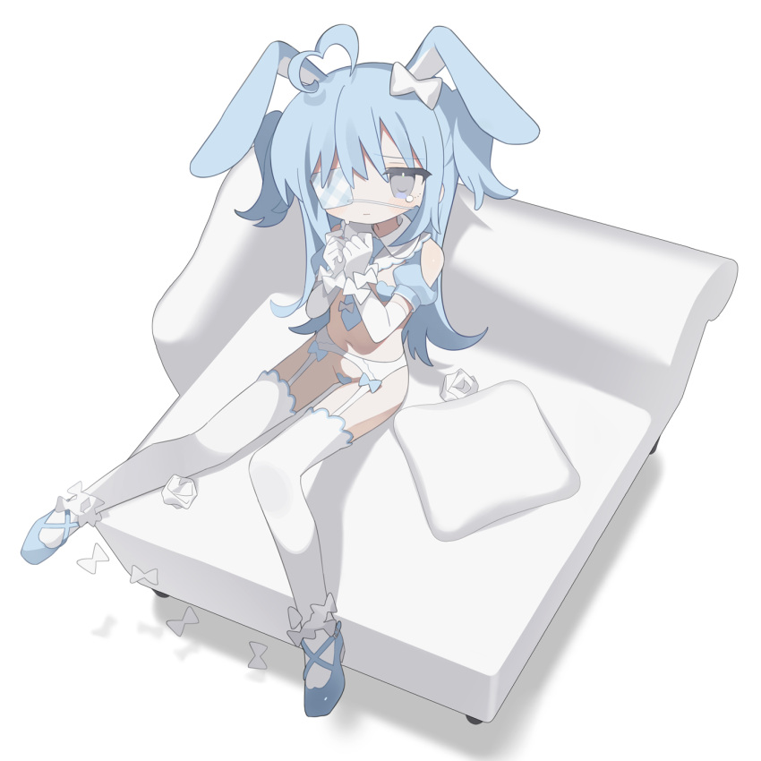 1girl ahoge animal_ears bare_shoulders blue_footwear blue_hair blue_necktie bound bound_wrists bow chaise_longue closed_mouth clothing_cutout couch cushion daizu_(melon-lemon) elbow_gloves eyepatch floppy_ears full_body garter_belt gloves grey_eyes hair_bow hands_up heart heart_ahoge heart_maebari heart_pasties highres long_hair looking_at_viewer maebari medical_eyepatch navel necktie on_couch one_eye_covered original own_hands_together pasties puffy_short_sleeves puffy_sleeves rabbit_ears rabbit_girl shoes short_sleeves shoulder_cutout shrug_(clothing) simple_bird sitting solo tears thighhighs two_side_up used_tissue white_background white_bow white_gloves white_thighhighs