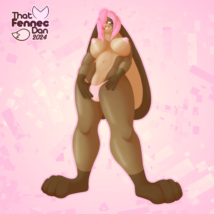 2024 anthro breasts clothing digital_drawing_(artwork) digital_media_(artwork) fur genitals gynomorph hair hi_res intersex lagomorph leporid mammal mocha_(thatfennecdan) nipples nude nude_anthro panties penis rabbit shaded simple_background solo thatfennecdan underwear undressing