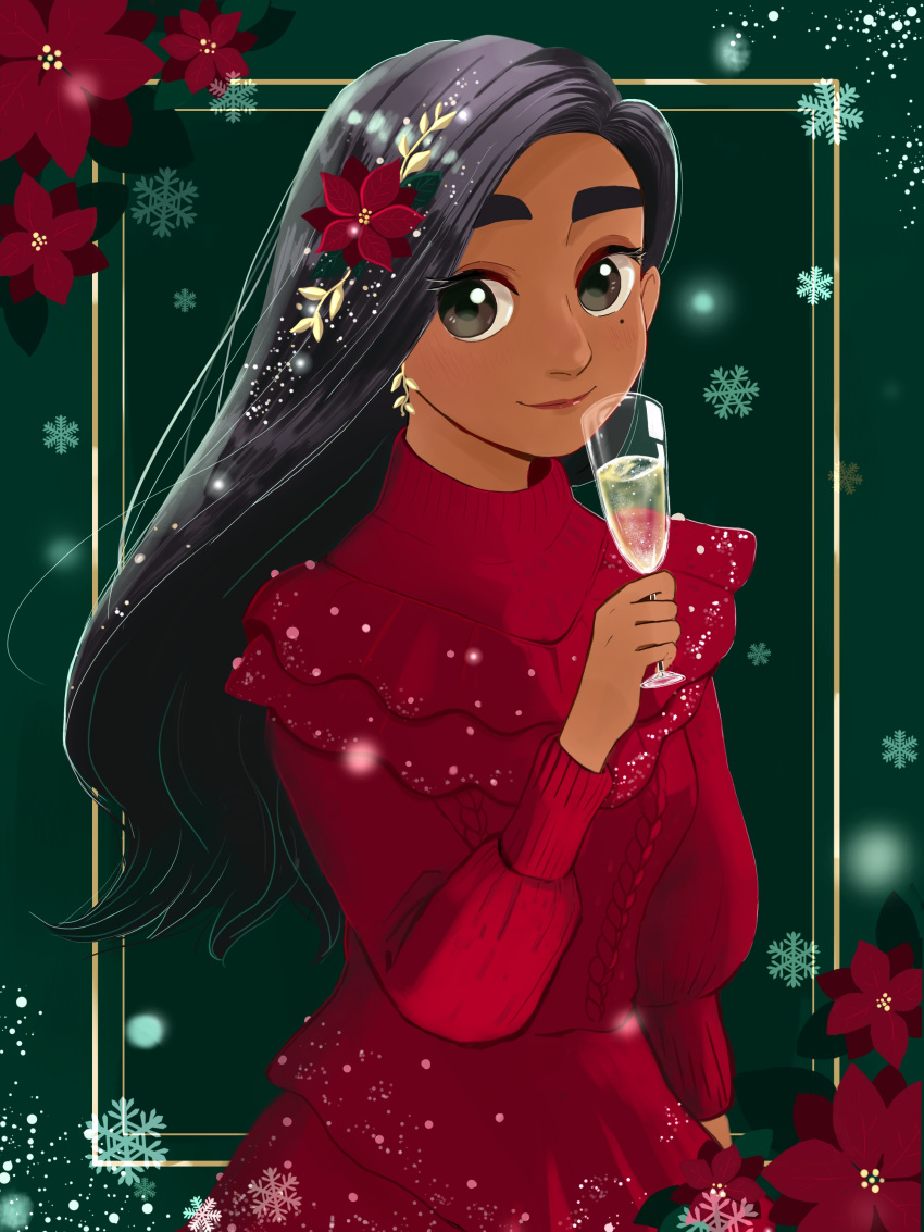 1girl absurdres alcohol alternate_costume black_hair champagne christmas dark-skinned_female dark_skin dragonf1y dress earrings encanto flower hair_flower hair_ornament highres isabela_madrigal jewelry long_hair mole mole_under_eye poinsettia red_dress simple_background smile solo