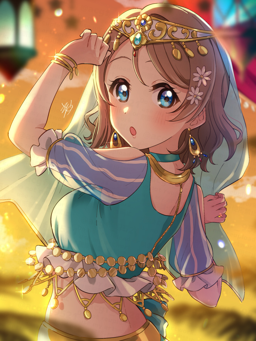 1girl :o absurdres birthday blue_eyes blush bracelet breasts commentary earrings from_behind grey_hair highres jewelry kyaku_tasu looking_at_viewer love_live! love_live!_sunshine!! medium_breasts medium_hair midriff signature solo upper_body watanabe_you