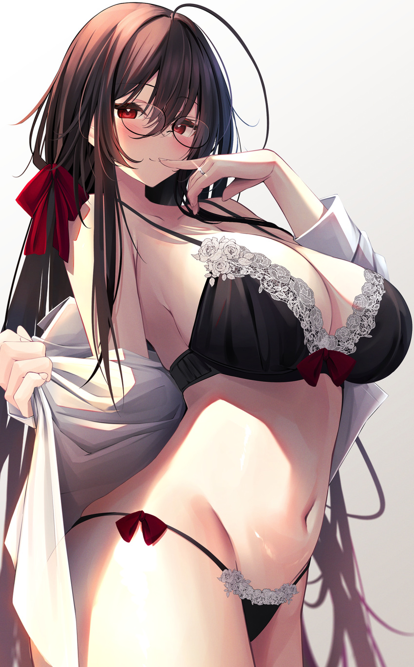 1girl ahoge azur_lane black_bow black_bra black_hair black_panties bow bra breasts crossed_bangs finger_to_mouth highres huge_ahoge jewelry lace-trimmed_bra lace-trimmed_panties lace_trim large_breasts long_hair mutsumi_nemuru navel official_alternate_costume open_clothes open_shirt panties red_hair ring round_eyewear string_panties taihou_(azur_lane) taihou_(sweet_time_after_school)_(azur_lane) underwear