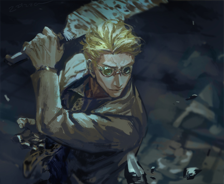 1boy animal_print blonde_hair collared_shirt goggles holding holding_knife holding_weapon jujutsu_kaisen knife long_sleeves male_focus nanami_kento necktie shirt short_hair solo standing suit upper_body watch weapon wristwatch yellow_necktie zztzza