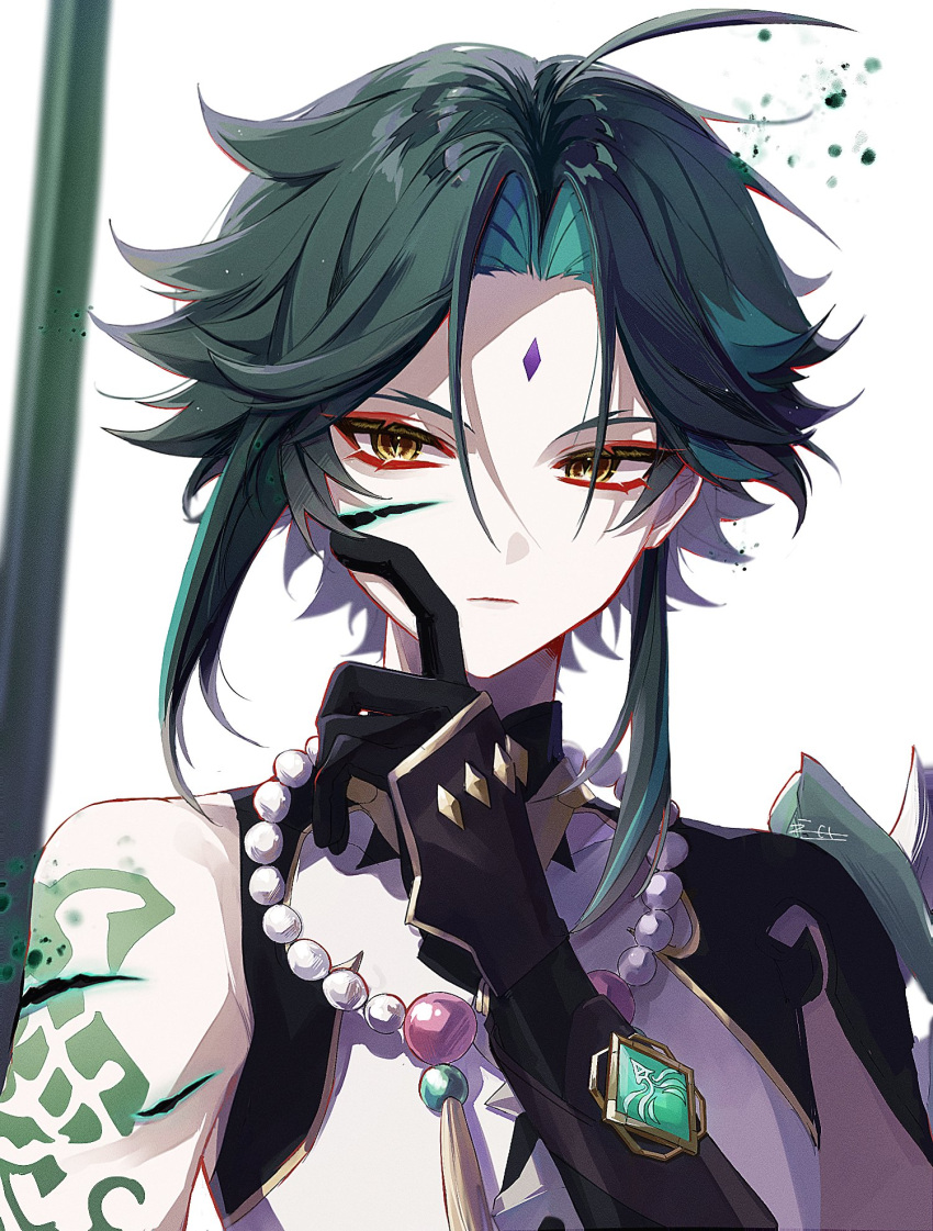 1boy ahoge aqua_hair arm_tattoo bead_necklace beads black_gloves closed_mouth colored_inner_hair commentary_request cuts diamond-shaped_pupils diamond_(shape) ego_(ego_inp) eyeliner facial_mark forehead_mark genshin_impact gloves gold_trim green_hair hand_up highres index_finger_raised injury jewelry looking_at_viewer makeup male_focus multicolored_hair necklace parted_bangs red_eyeliner serious shirt short_sleeves shoulder_spikes sidelocks simple_background sleeveless sleeveless_shirt solo spikes streaked_hair symbol-shaped_pupils tassel tattoo upper_body vision_(genshin_impact) white_background white_shirt xiao_(genshin_impact) yellow_eyes