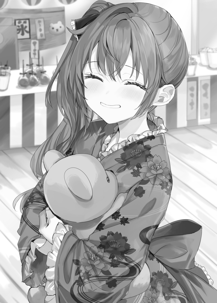 1girl absurdres closed_eyes commentary_request festival floral_print_kimono frilled_kimono frills greyscale grin highres holding holding_stuffed_toy japanese_clothes kimono momoko_(momopoco) monochrome novel_illustration official_art second-party_source side_ponytail smile solo stuffed_animal stuffed_toy suou_yuki teddy_bear teeth tokidoki_bosotto_roshia-go_de_dereru_tonari_no_arya-san