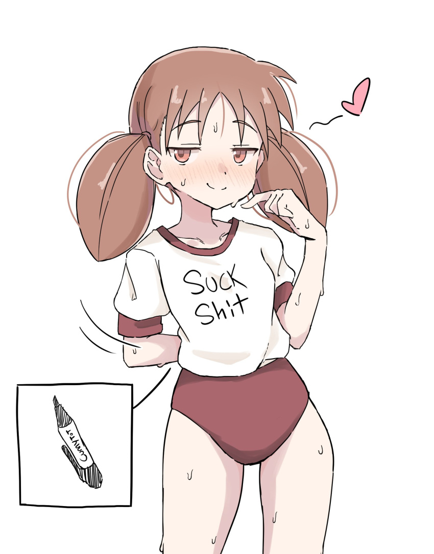 1girl azumanga_daioh blush breasts brown_eyes brown_hair buruma cunny_(meme) gym_uniform heart highres long_hair marker meme mihama_chiyo simple_background small_breasts sweat twintails uohhhhhhhhh!_(meme) white_background zlix0n