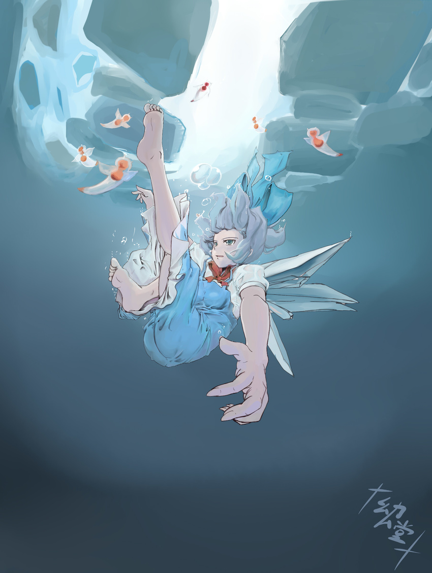 barefoot cirno feet foreshortening haguruma_kujira hands highres ice solo touhou underwater wet wet_clothes