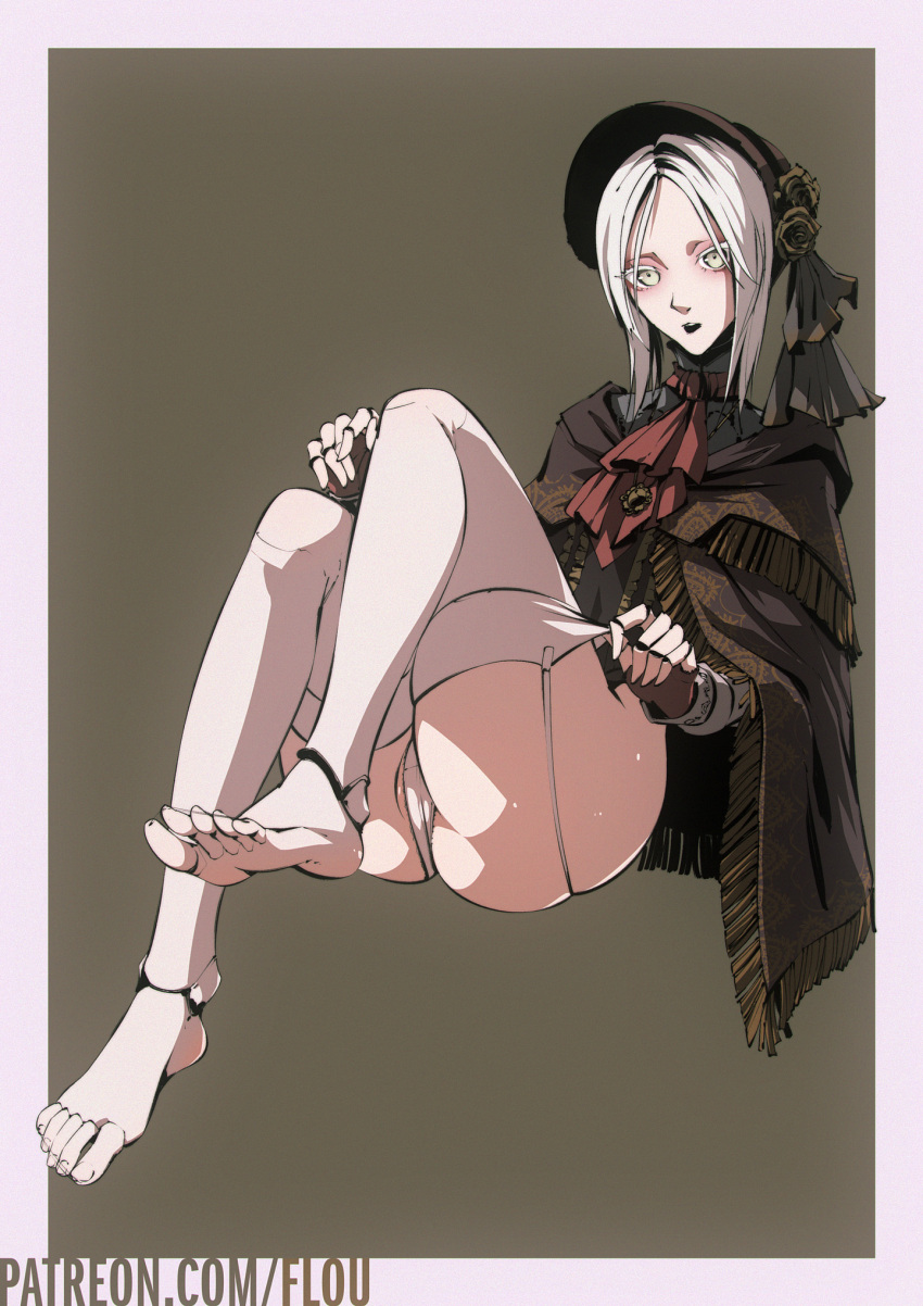 1girl ascot black_lips bloodborne bonnet cloak doll_joints flou_(flou_art) full_body garter_straps highres joints panties plain_doll red_ascot thighhighs thighs underwear white_hair white_panties white_thighhighs yellow_eyes