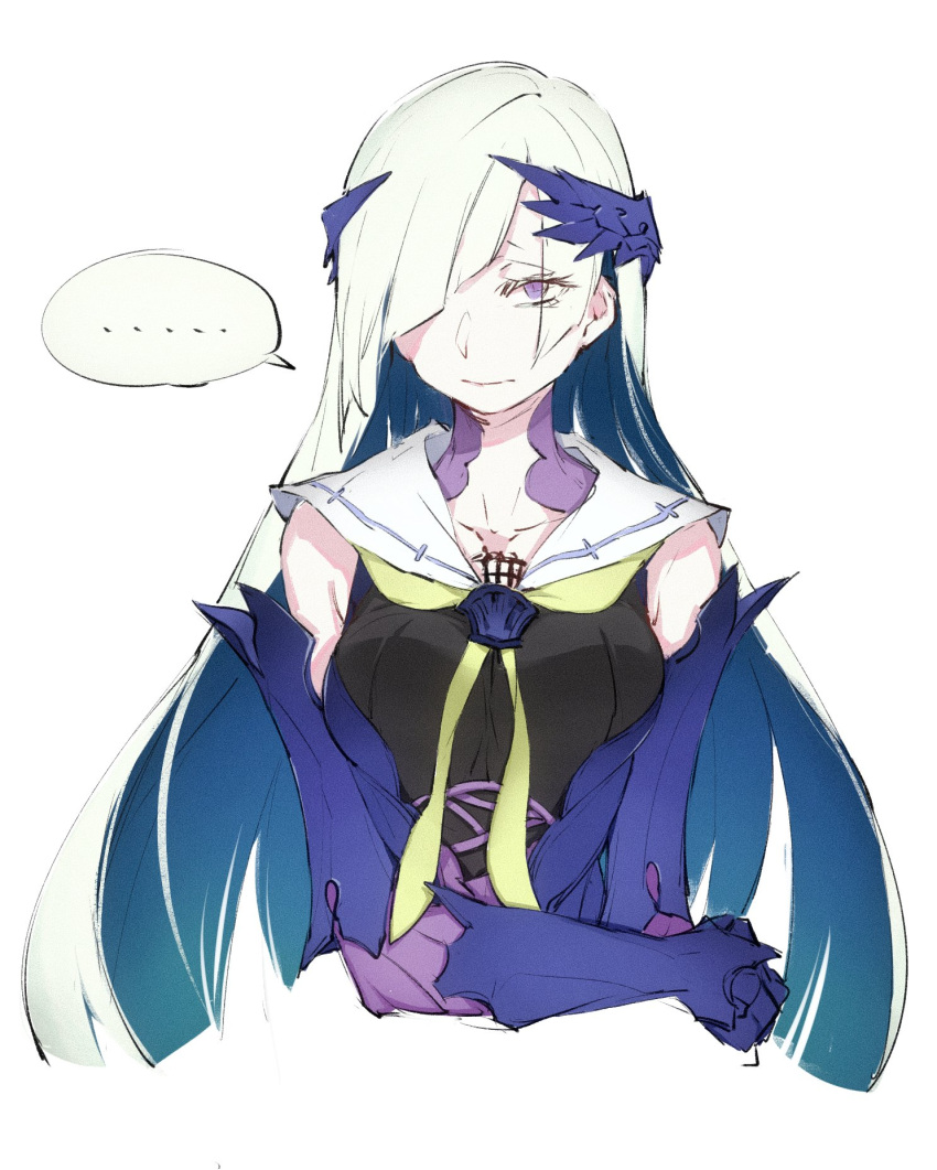 ... 1girl blue_hair breasts brynhildr_(fate) chuzenji closed_mouth colored_inner_hair cropped_torso detached_sleeves expressionless fate/prototype fate/prototype:_fragments_of_blue_and_silver fate_(series) hair_over_one_eye highres long_hair looking_at_viewer medium_breasts multicolored_hair neckerchief purple_eyes sailor_collar simple_background solo speech_bubble spoken_ellipsis two-tone_hair upper_body white_background white_hair yellow_neckerchief