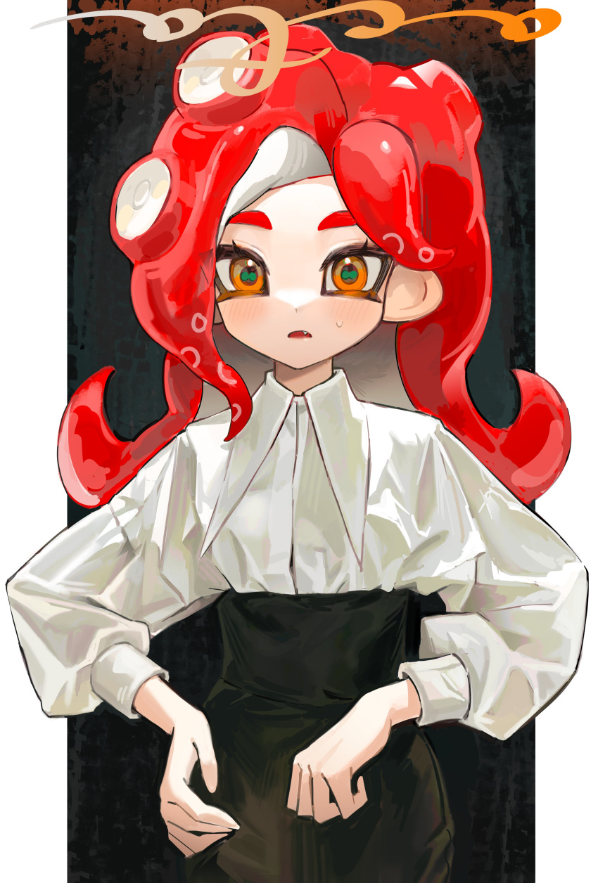 1girl absurdres black_skirt border cephalopod_eyes collared_shirt commentary fang green_pupils highres kumo_(kumo_hsc0216) light_blush long_hair long_sleeves looking_at_viewer octoling octoling_girl octoling_player_character open_mouth orange_eyes outside_border pillarboxed puffy_long_sleeves puffy_sleeves red_hair shirt shirt_tucked_in skirt solo splatoon_(series) suction_cups sweat symbol-only_commentary tentacle_hair upper_body white_border white_shirt