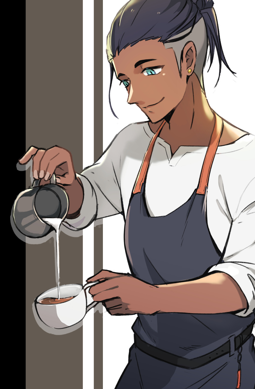 1boy absurdres alternate_costume apron barista belt black_belt black_hair closed_mouth coffee commentary_request cup dark-skinned_male dark_skin earrings green_eyes highres holding holding_cup jewelry looking_down male_focus milk mug pokemon pokemon_swsh pouring raihan_(pokemon) shirt short_hair smile solo undercut white_shirt yunoru