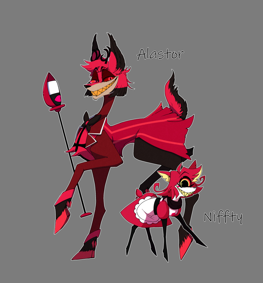 1_eye absurd_res alastor_(hazbin_hotel) alternate_species amaurufu clothed clothed_feral clothing cyclops deer demon duo female feral feralized furrification hazbin_hotel hi_res male mammal niffty_(hazbin_hotel) teeth yellow_teeth