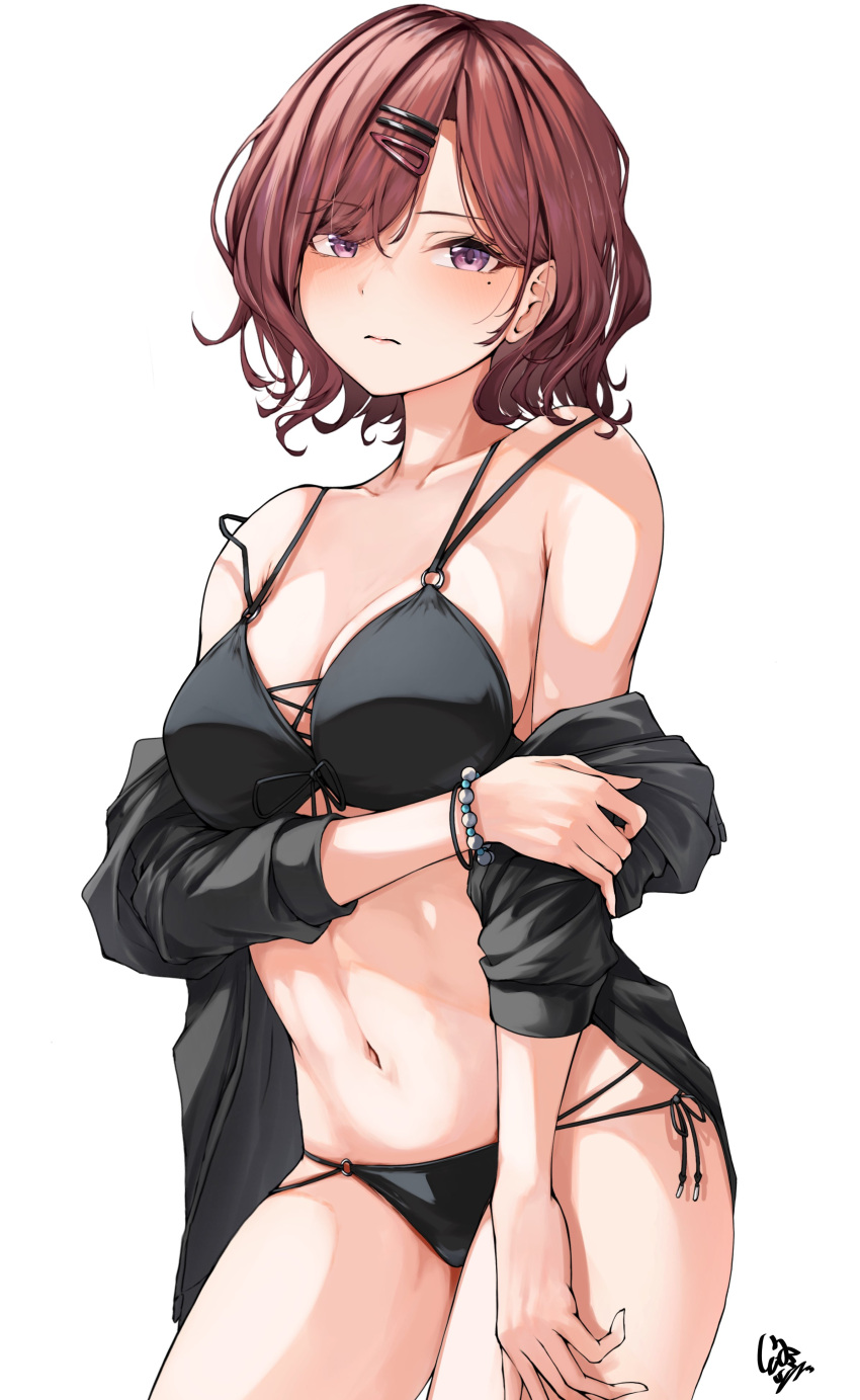 1girl absurdres bikini black_bikini black_jacket bracelet breasts brown_hair closed_mouth collarbone commentary_request endo_yohane hair_ornament hairclip highres higuchi_madoka idolmaster idolmaster_shiny_colors jacket jewelry large_breasts looking_at_viewer mole mole_under_eye multiple_bracelets navel off_shoulder open_clothes open_jacket pearl_bracelet purple_eyes short_hair side-tie_bikini_bottom signature solo strap_slip swimsuit white_background