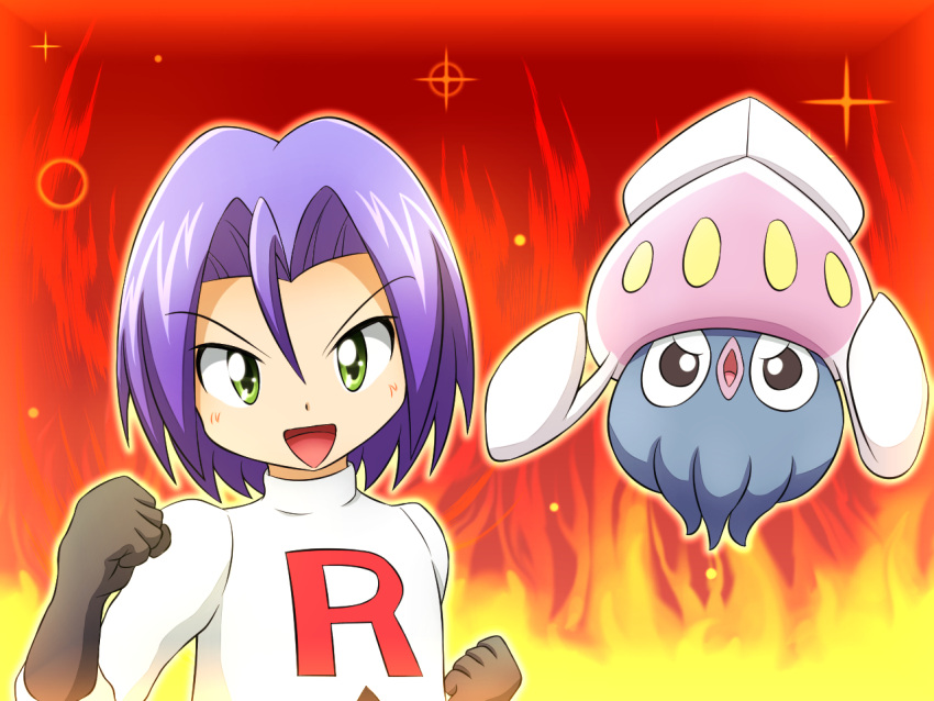 1boy black_gloves blue_hair chibi fire gloves green_eyes gu-rahamu_omega_x inkay james_(pokemon) looking_at_viewer male_focus pokemon pokemon_(anime) pokemon_(creature) pokemon_xy pokemon_xy_(anime) smile team_rocket team_rocket_uniform