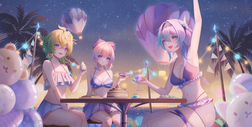 3girls absurdres aircraft alternate_costume animal_balloon armpits balloon between_legs bikini bikini_skirt black_hairband blue_bikini blue_hair bottle bow-shaped_hair breasts chinese_commentary collarbone collei_(genshin_impact) colored_tips cowboy_shot cup dango earrings eula_(genshin_impact) fisherman's_toast_(genshin_impact) food frilled_bikini frills genshin_impact green_hair hair_ornament hairband halterneck hand_between_legs hand_up highres holding holding_cup horizon hot_air_balloon jewelry juuhachi_kin_(anthonyy1821) lighter-than-air_pancake_(genshin_impact) looking_ahead medium_breasts medium_hair milk_bottle mint_jelly_(genshin_impact) multicolored_hair multiple_girls navel night night_sky ocean on_chair palm_tree pink_hair purple_eyes sangonomiya_kokomi sanshoku_dango sitting sky small_breasts star_(sky) stomach string_bikini swimsuit thigh_strap tree wagashi