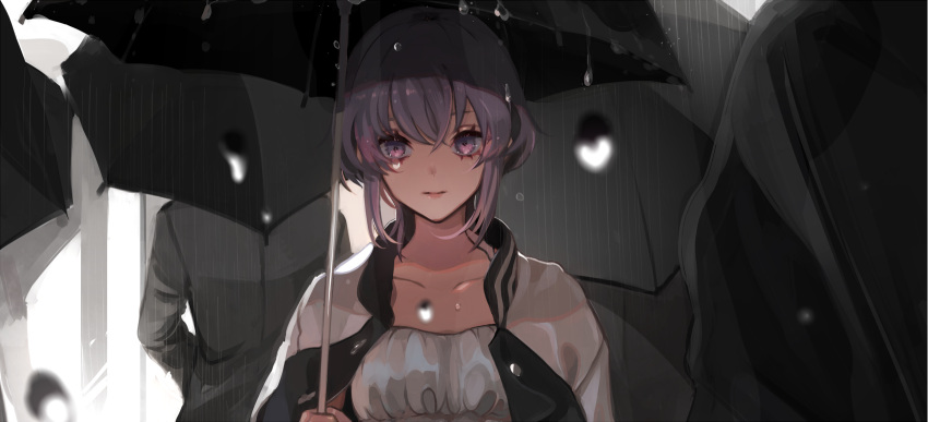 1girl 7wata_himori black_umbrella closed_mouth dark-skinned_female dark_skin dress fate/prototype fate/prototype:_fragments_of_blue_and_silver fate_(series) hassan_of_serenity_(fate) highres jacket looking_at_viewer people purple_eyes purple_hair rain solo_focus umbrella upper_body white_dress