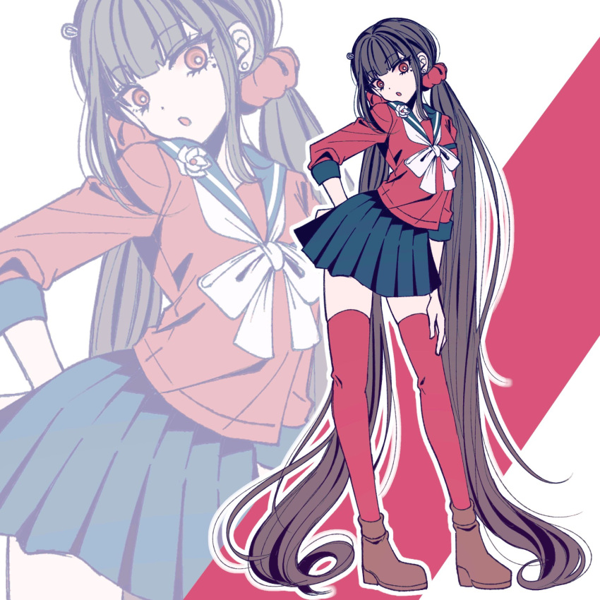 1girl blunt_bangs brown_hair contrapposto danganronpa_(series) danganronpa_v3:_killing_harmony hair_ornament hair_scrunchie harukawa_maki highres long_hair long_sleeves looking_at_viewer low_twintails mole mole_under_eye pleated_skirt red_scrunchie red_shirt red_thighhighs sailor_collar satori_(aosky9077) school_uniform scrunchie shirt skirt thighhighs twintails zettai_ryouiki