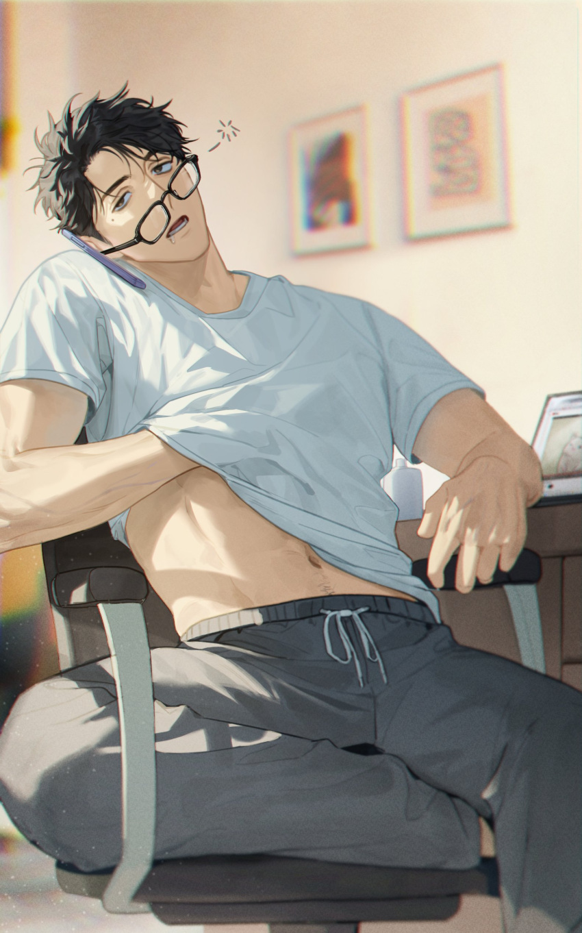 1boy absurdres arm_rest bab_du_666 black_eyes black_hair blurry calling cellphone clothes_lift depth_of_field desk feet_out_of_frame glasses grey_pants hand_under_clothes hand_under_shirt head_tilt highres indoors kobayashi_keiji_(onna_no_sono_no_hoshi) lower_teeth_only male_focus messy_hair mole mole_under_eye morning navel on_chair onna_no_sono_no_hoshi pants parted_bangs parted_lips phone saliva_drip scratching_stomach shirt shirt_lift short_hair short_sleeves sideways_glance sitting sleepy smartphone solo sunlight sweatpants teeth toned toned_male white_shirt
