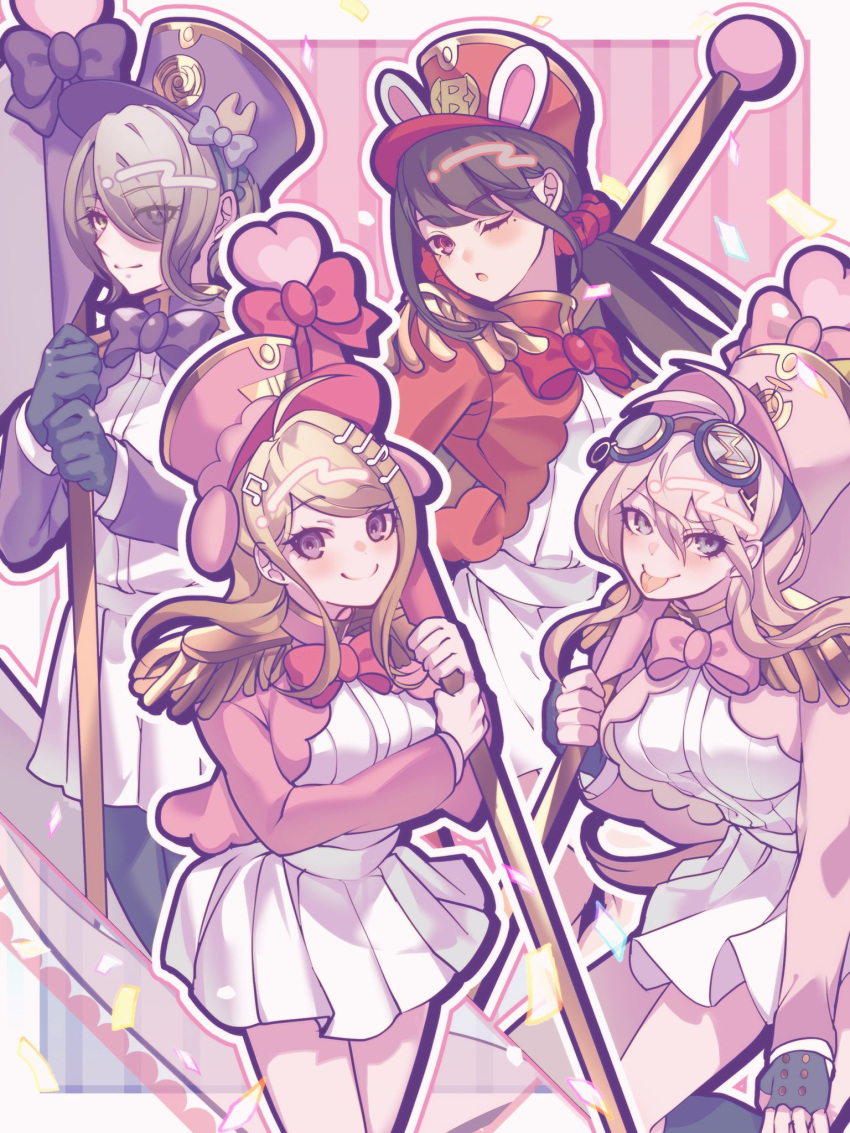 4girls akamatsu_kaede alternate_costume animal_ears black_gloves blonde_hair bow bowtie breasts brown_hair danganronpa_(series) danganronpa_v3:_killing_harmony fake_animal_ears gloves green_eyes hair_over_one_eye harukawa_maki highres iruma_miu jacket large_breasts long_hair long_sleeves looking_at_viewer low_twintails miniskirt multiple_girls nota_sayaka pink_bow pink_bowtie rabbit_ears red_bow red_bowtie red_hat red_scrunchie scrunchie shirt short_hair skirt smile tojo_kirumi twintails white_skirt