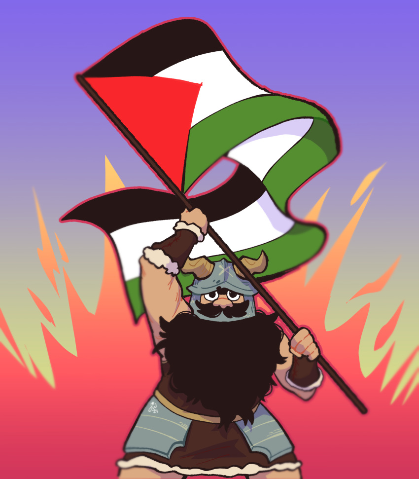 1boy beard brown_hair cowboy_shot dungeon_meshi dwarf facial_hair fake_horns fire flag frown full_body helmet highres holding holding_flag horned_helmet horns israel-hamas_war jupiterweathers long_beard looking_at_viewer looking_back male_focus palestinian_flag senshi_(dungeon_meshi) solo thick_mustache very_long_beard