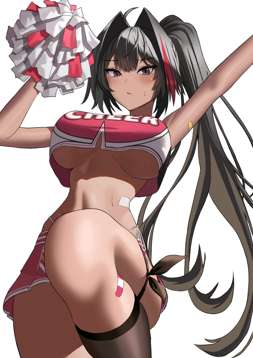 1girl ahoge arms_up bandaid bandaid_on_arm bandaid_on_stomach bandaid_on_thigh bay_(nikke) black_hair black_thighhighs breasts cheerleader crop_top crop_top_overhang dark-skinned_female dark_skin enun goddess_of_victory:_nikke grey_eyes hair_between_eyes hair_intakes highleg highleg_panties highres holding holding_pom_poms knee_up large_breasts linea_alba long_hair looking_at_viewer mole mole_under_mouth multicolored_hair panties pom_pom_(cheerleading) ponytail red_hair solo star_sticker sticker_on_face stomach streaked_hair sweat thighhighs thighs two-tone_skirt two-tone_tank_top underboob underwear very_long_hair white_background white_panties