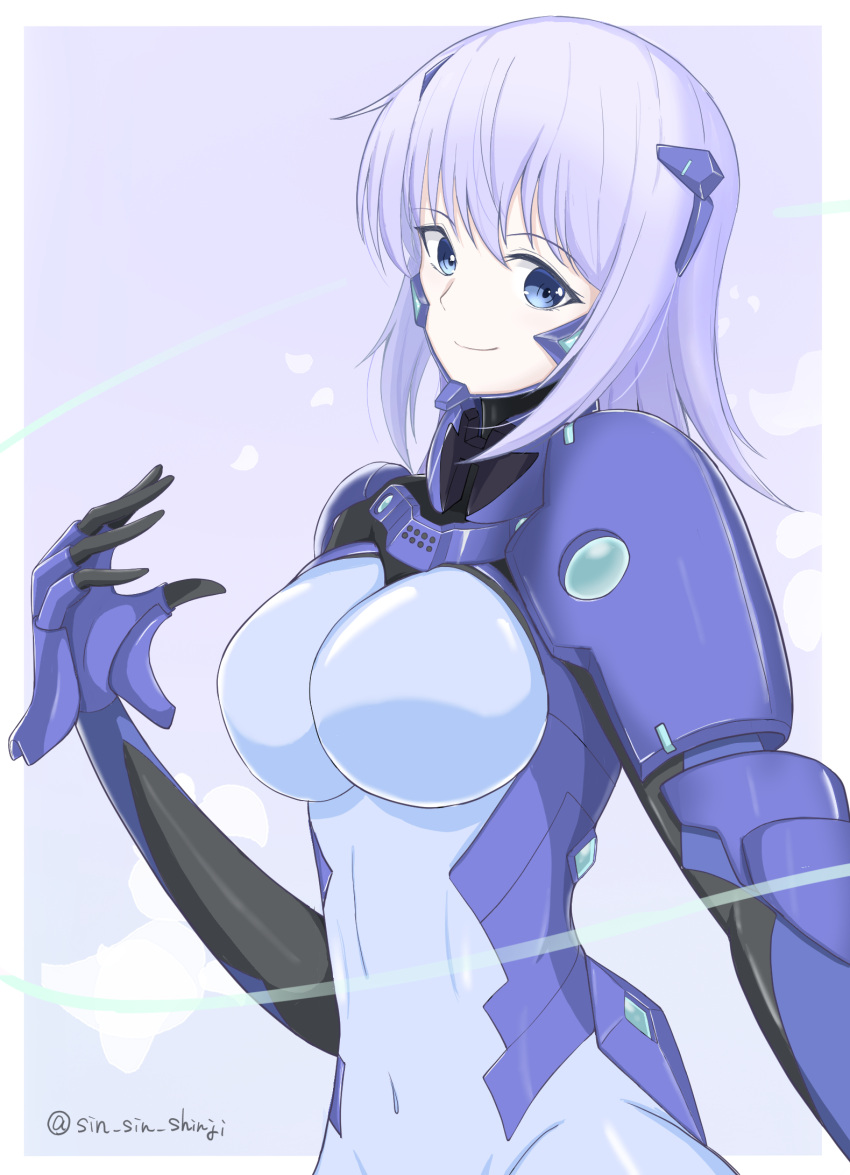 1girl blue_bodysuit blue_eyes bodysuit breasts cryska_barchenowa fortified_suit highres impossible_bodysuit impossible_clothes large_breasts looking_at_viewer muv-luv muv-luv_alternative muv-luv_total_eclipse pilot_suit sin_sin_shinji skin_tight smile solo white_hair