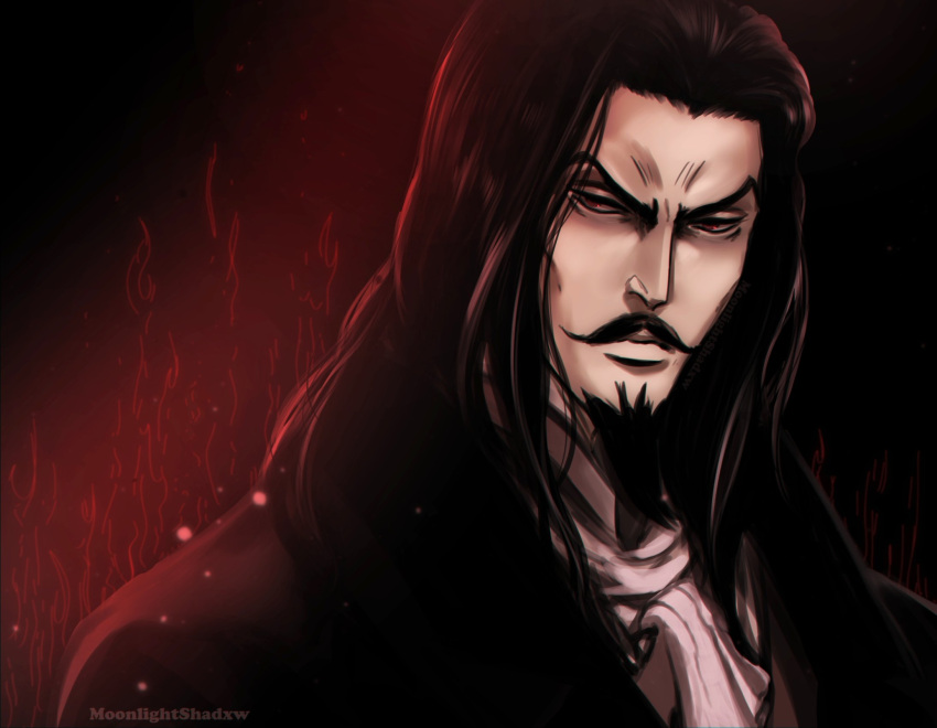 1boy artist_name ascot aura black_background black_coat black_hair castlevania_(series) closed_mouth coat collared_coat dark_aura dracula_(castlevania) facial_hair goatee highres male_focus medium_hair moonlight_shadxw mustache pale_skin portrait red_eyes solo upper_body vampire