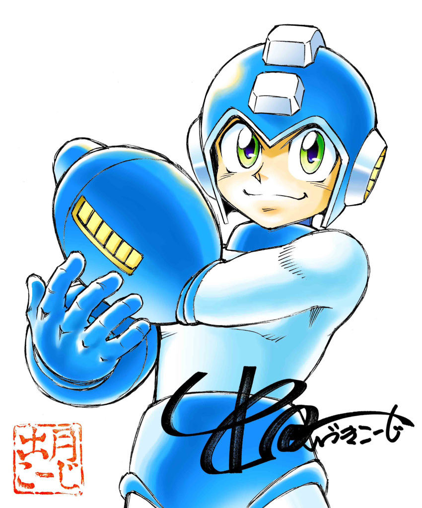 1boy android arm_cannon artist_logo blue_bodysuit blue_helmet bodysuit cowboy_shot green_eyes helmet highres idetsuki_kouji male_focus mega_buster mega_man_(character) mega_man_(classic) mega_man_(series) signature simple_background smile solo weapon white_background