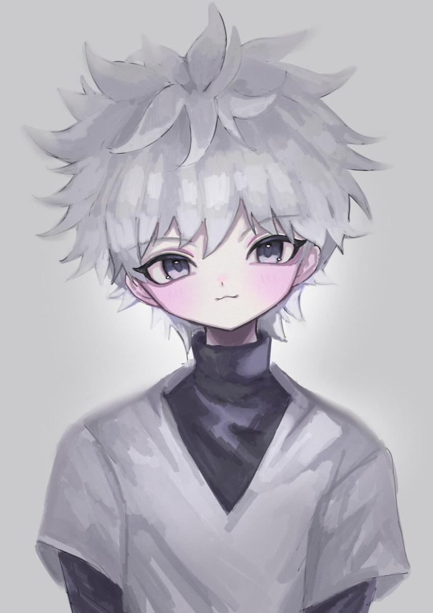 1boy :3 black_shirt closed_mouth grey_background highres layered_sleeves long_sleeves looking_at_viewer male_focus original shiona_(siona0625) shirt short_hair short_over_long_sleeves short_sleeves simple_background smile solo turtleneck upper_body v-neck very_short_hair white_hair white_shirt