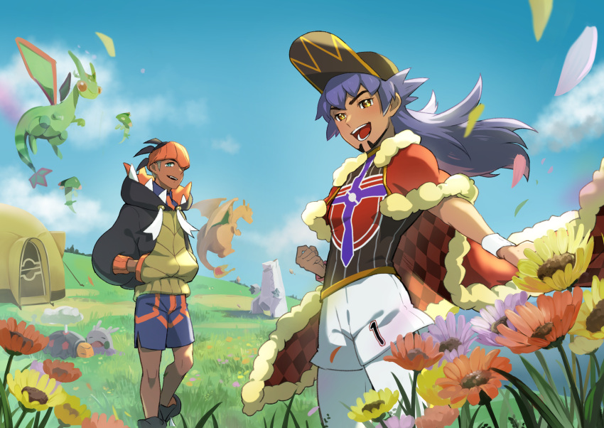 2boys :d absurdres cape champion_uniform charizard cloud commentary_request dark-skinned_male dark_skin day dreepy duraludon falling_petals flower flygon fur-trimmed_cape fur_trim goomy grass headband highres hood hoodie knees leggings leon_(pokemon) male_focus multiple_boys open_mouth orange_headband outdoors petals pokemon pokemon_(creature) pokemon_swsh raihan_(pokemon) red_cape shirt shorts sky smile standing teeth tent torkoal white_leggings white_shorts wristband yunoru