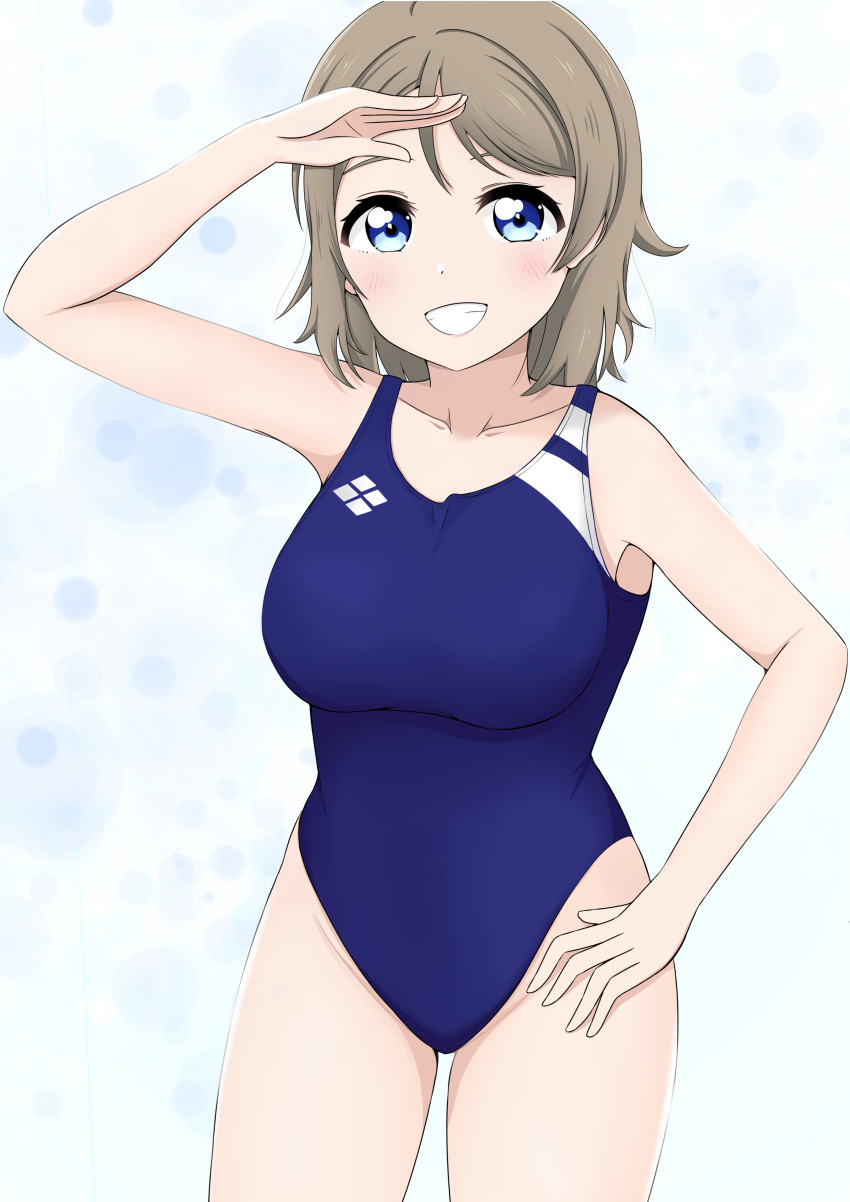 1girl absurdres blue_eyes blush breasts brown_hair highres k66321408 looking_at_viewer love_live! love_live!_sunshine!! one-piece_swimsuit salute short_hair simple_background smile solo swimsuit thighs watanabe_you wavy_hair