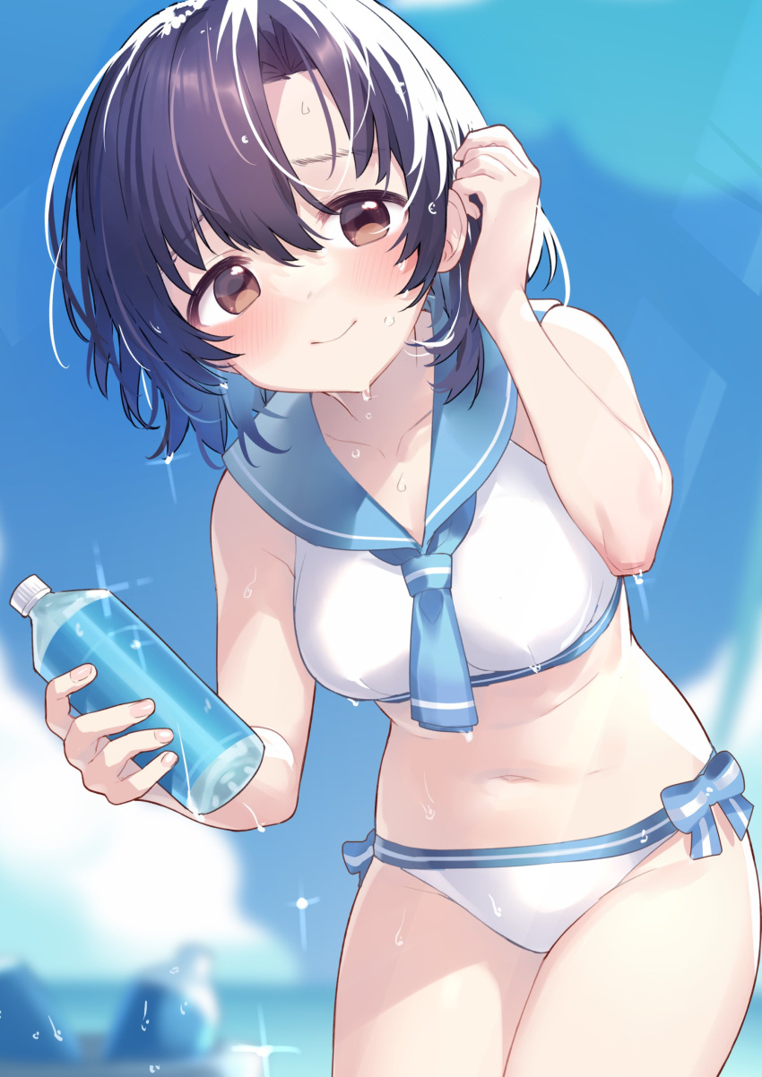 1girl absurdres bare_shoulders bikini black_hair blue_bow blue_neckerchief blue_sailor_collar blue_sky blurry blurry_background blush border bottle bow breasts brown_eyes bucket closed_mouth collarbone commission cowboy_shot day dot_nose hand_up highres hiraga_matsuri holding holding_bottle idolmaster idolmaster_cinderella_girls idolmaster_cinderella_girls_starlight_stage leaning_forward looking_at_viewer navel neckerchief outdoors outside_border sailor_bikini sailor_collar sailor_swimsuit_(idolmaster) shiragiku_hotaru short_hair shy side-tie_bikini_bottom skeb_commission sky small_breasts smile solo sparkle standing swimsuit water_drop wet wet_bikini wet_hair white_bikini white_border