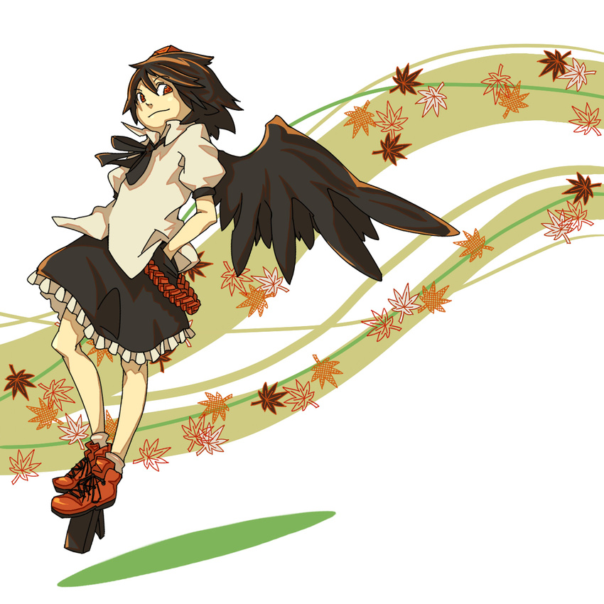 black_hair black_wings geta hand_in_pocket hat highres leaf looking_back red_eyes shameimaru_aya short_hair smile solo tengu-geta tokin_hat touhou uewtsol wings