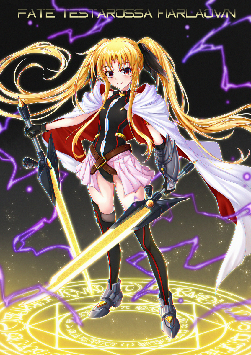 1girl absurdres armored_gloves armored_shoes asymmetrical_gloves bardiche_(nanoha) bardiche_(riot_zanber_stinger)_(nanoha) belt black_gloves blonde_hair cape dual_wielding energy_sword fate_testarossa fate_testarossa_(blaze_form) fate_testarossa_(lightning_form)_(2nd) full_body gloves highres holding holding_sword holding_weapon leotard leotard_peek lightning lyrical_nanoha magic_circle mahou_shoujo_lyrical_nanoha_innocent miying_(13975192760) red_eyes showgirl_skirt solo sword thighhighs twintails two-sided_cape two-sided_fabric weapon white_cape