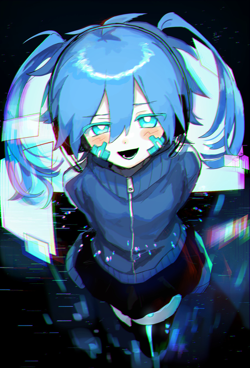 1girl arms_behind_back black_background black_skirt blue_eyes blue_hair blush chromatic_aberration colored_eyelashes digital_dissolve ene_(kagerou_project) facial_mark from_above hair_between_eyes headphones highres jacket kagerou_project light_particles long_hair looking_at_viewer octopachi open_mouth skirt smile solo thighhighs track_jacket twintails zipper zipper_pull_tab