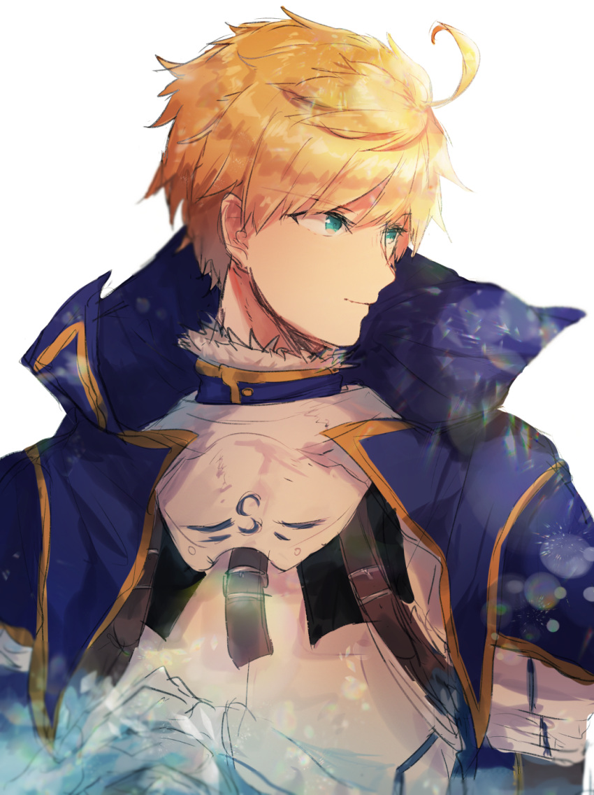 1boy ahoge aqua_eyes armor arthur_pendragon_(fate) blonde_hair blue_cape breastplate cape closed_mouth ebi_(6_5) facing_to_the_side fate/grand_order fate_(series) highres looking_ahead male_focus short_hair simple_background smile solo upper_body white_background